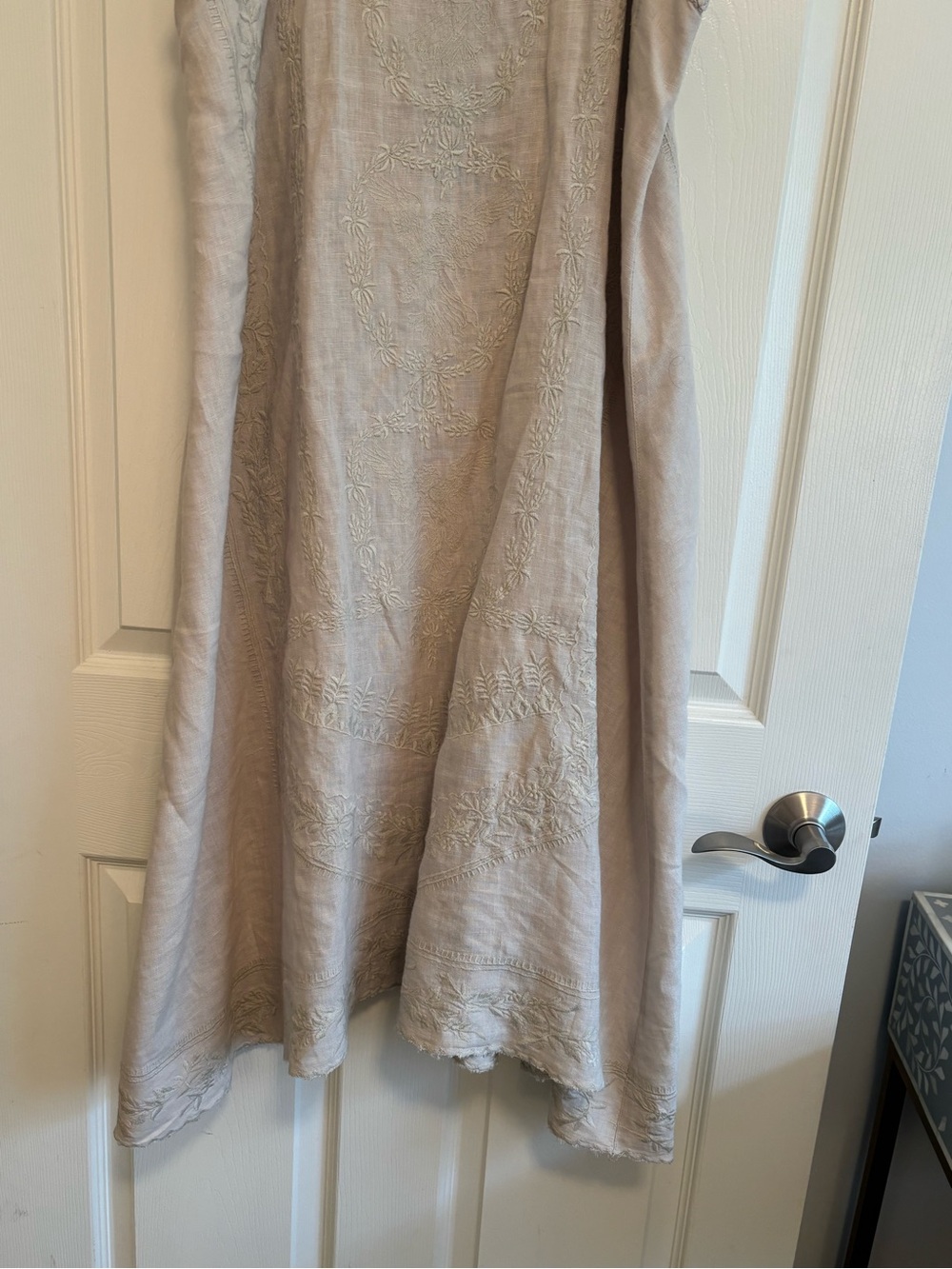 Magnolia Pearl Linen Midi Dress in Light Beige with Cream Embroidery - Picture 3 of 11